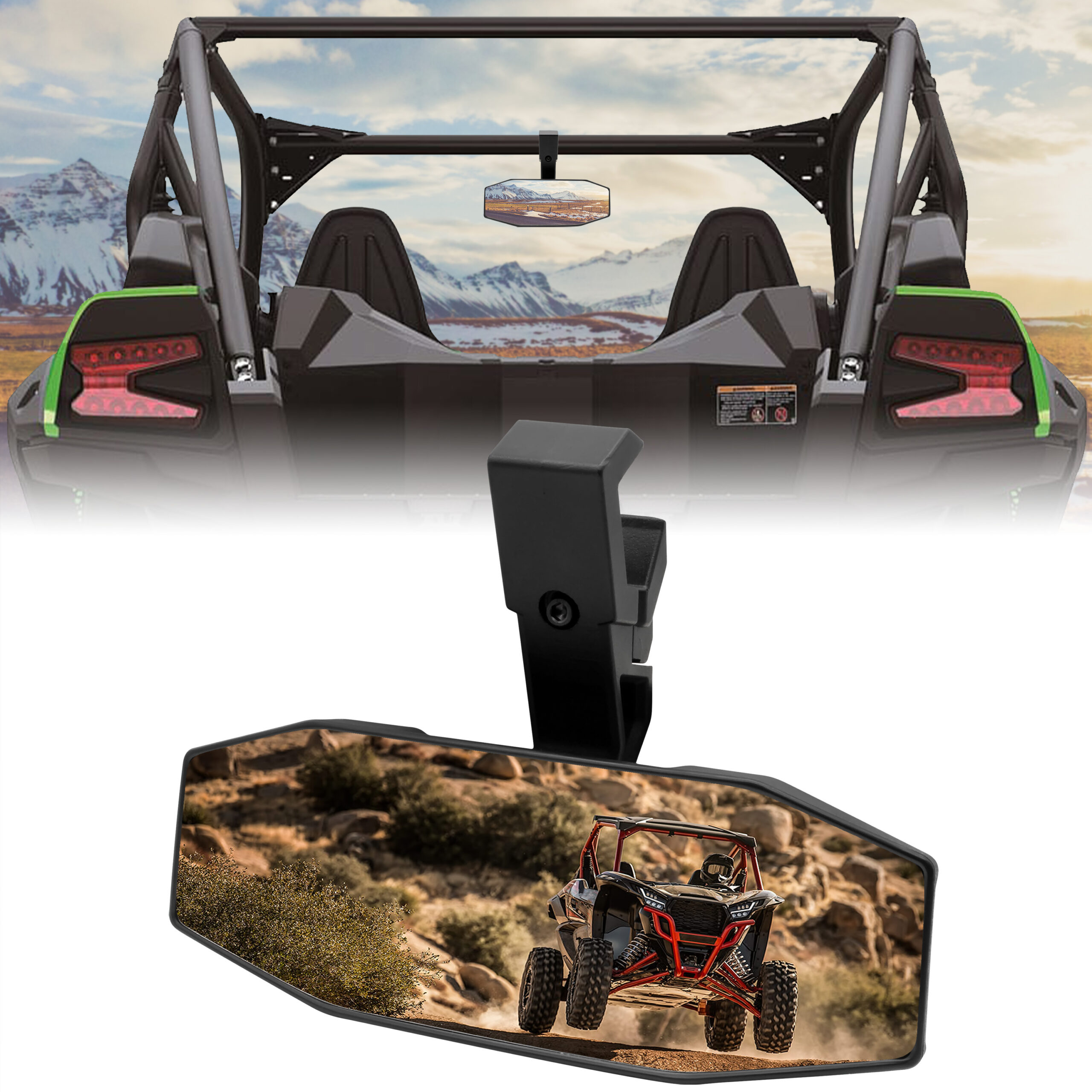 UTV Rear View Center Mirror Fit 1.5"-1.875" Roll Bar Cage for Kawasaki/Polaris/Can-Am