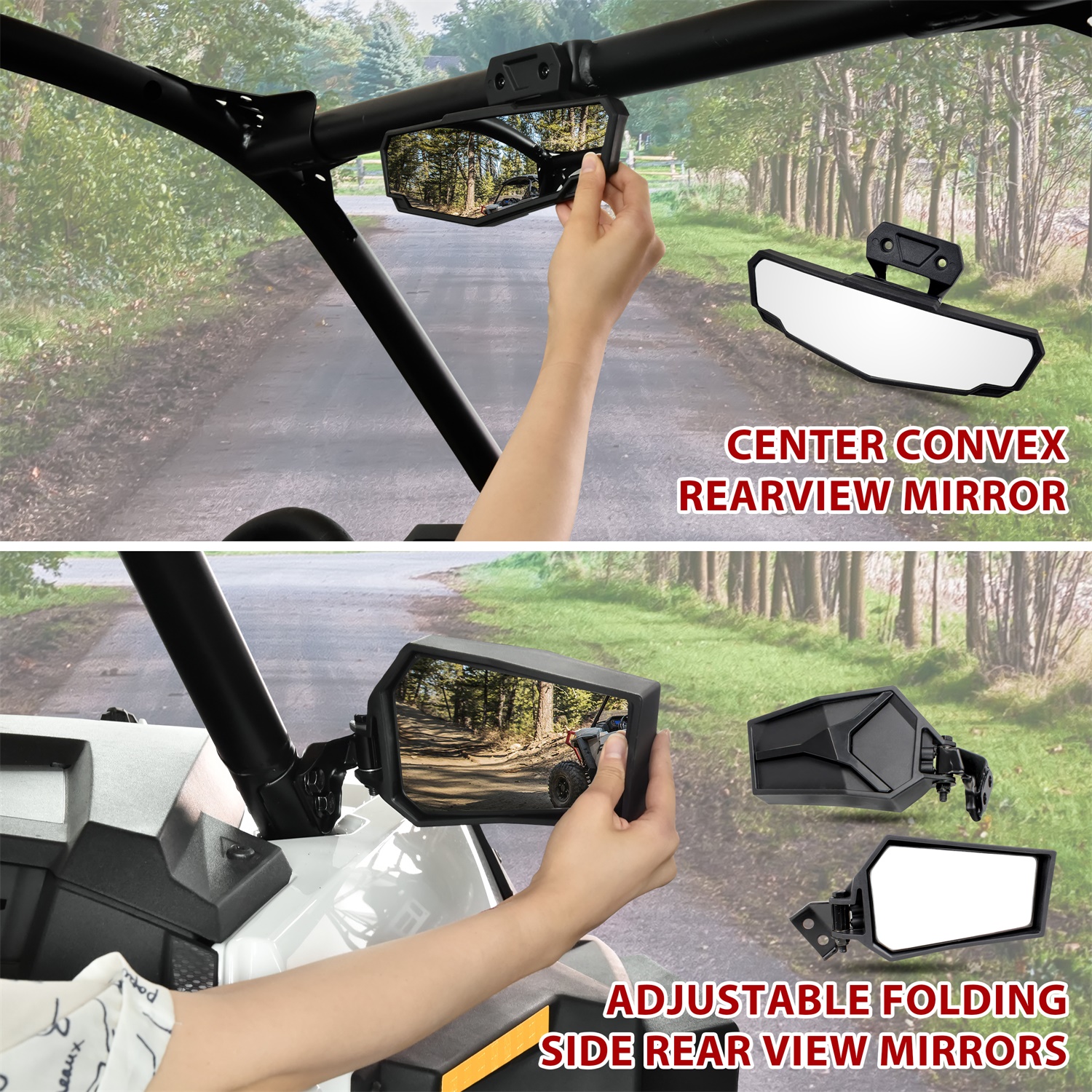 Center Rearview Mirror and Side Rear View Mirrors Kit for Polaris 