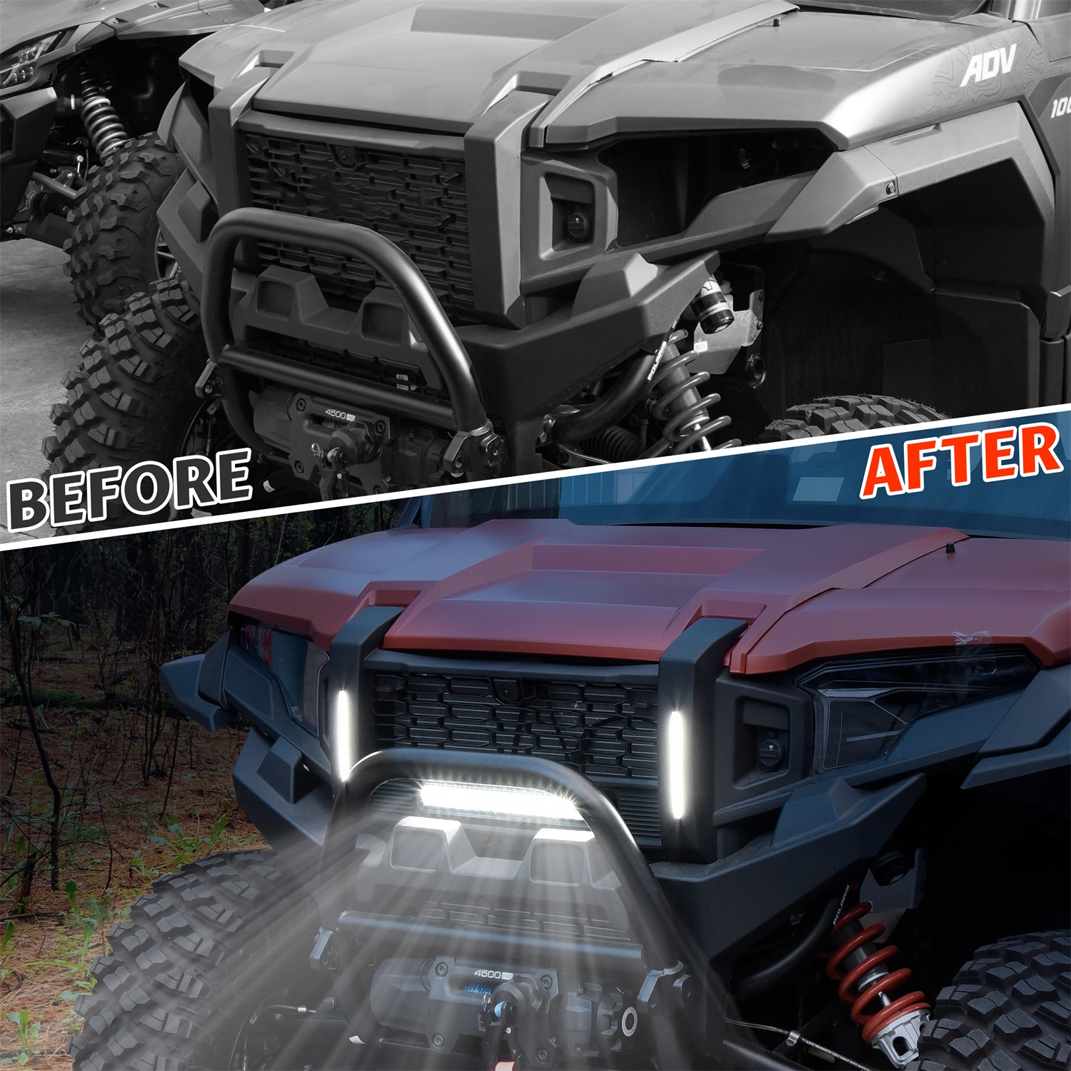 Waterproof Black Front Mesh Grille with LED Accent Light Bar and Left Right DRL for Polaris Xpedition XP/XP 5/ADV/ADV 5 2024+ - Image 3