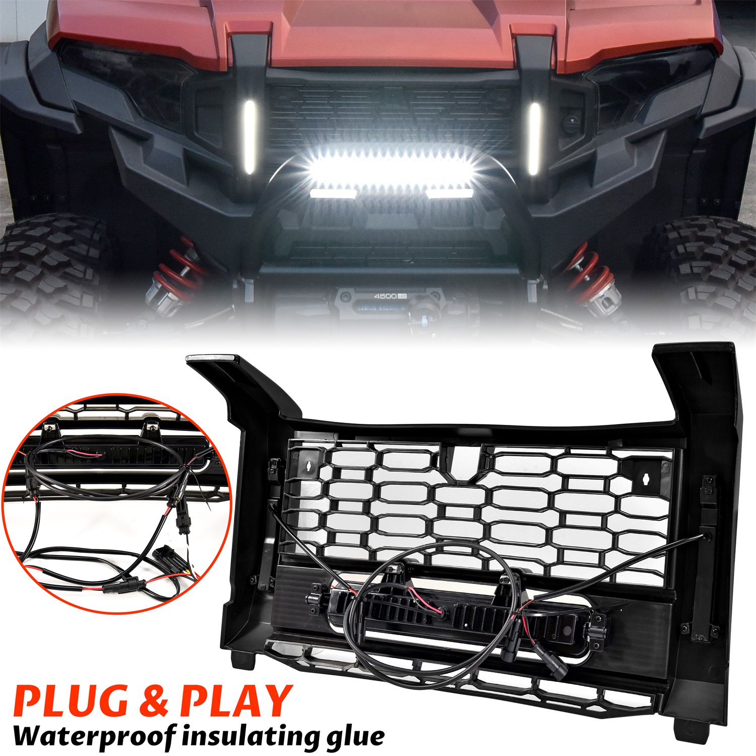 Waterproof Black Front Mesh Grille with LED Accent Light Bar and Left Right DRL for Polaris Xpedition XP/XP 5/ADV/ADV 5 2024+ - Image 5