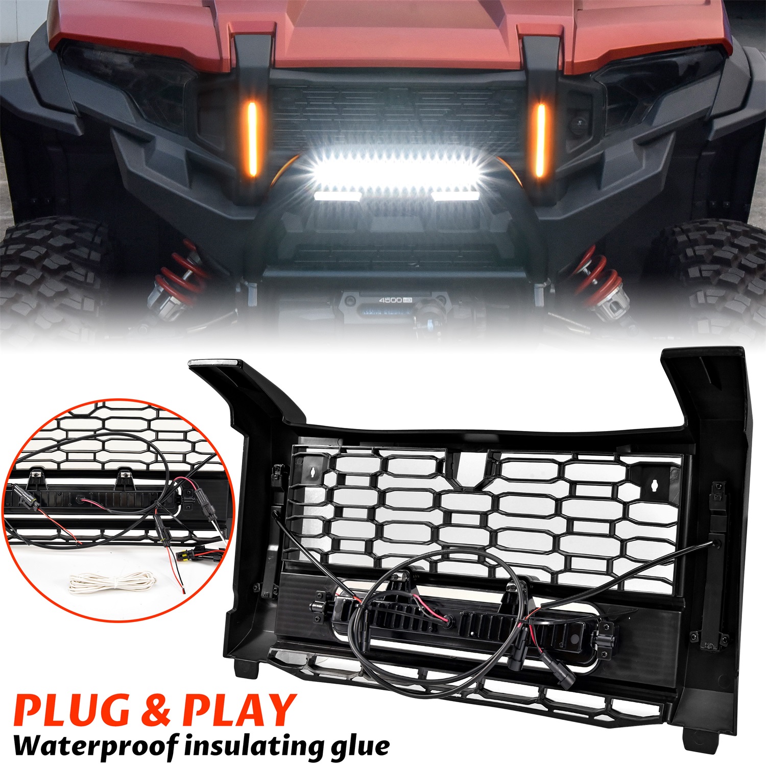 Front Black Mesh Grille with LED Light Bar Left Right Turn Signal Light for Polaris Xpedition XP/XP 5/ADV/ADV 5 2024+ - Image 5