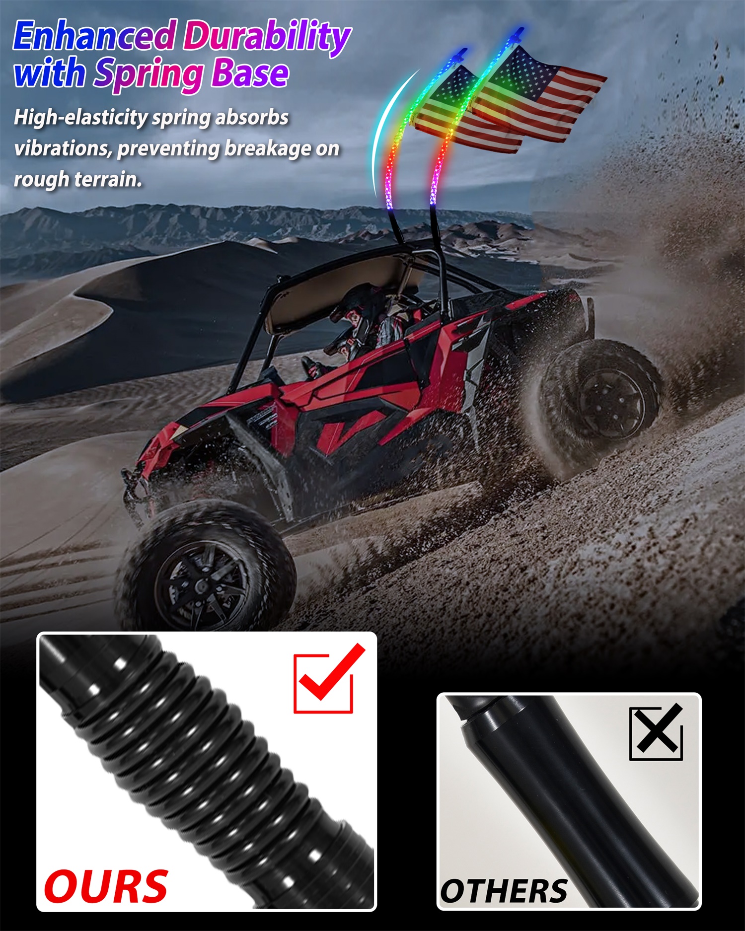 2PCS 4FT LED Whip Lights with Spring Base for UTV ATV Boat Polaris RZR Can-Am X3 Accessories - Image 3