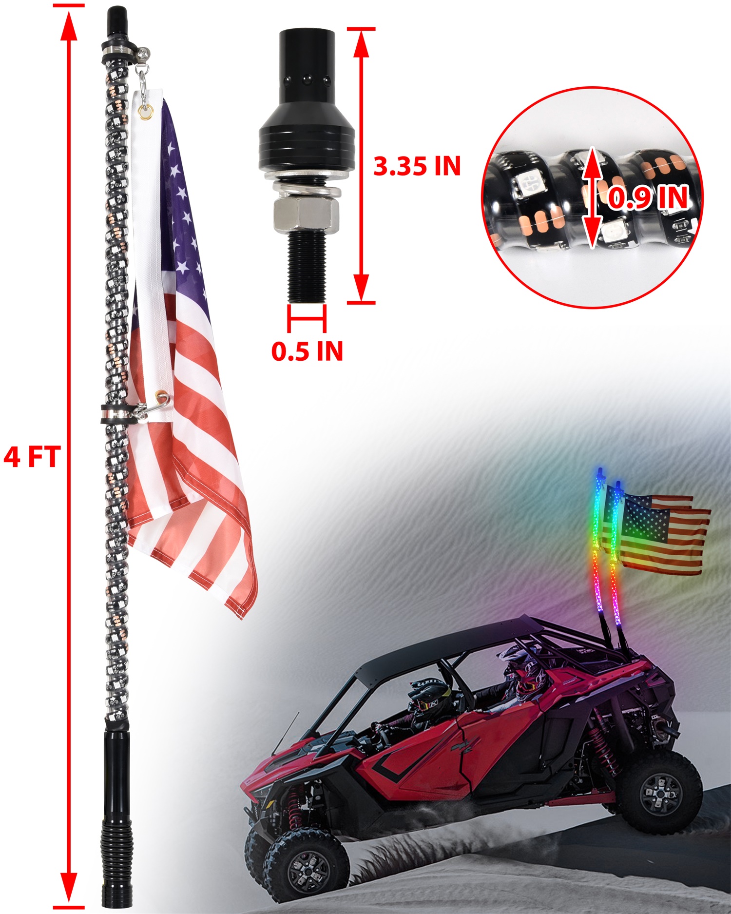 2PCS 4FT LED Whip Lights with Spring Base for UTV ATV Boat Polaris RZR Can-Am X3 Accessories - Image 8