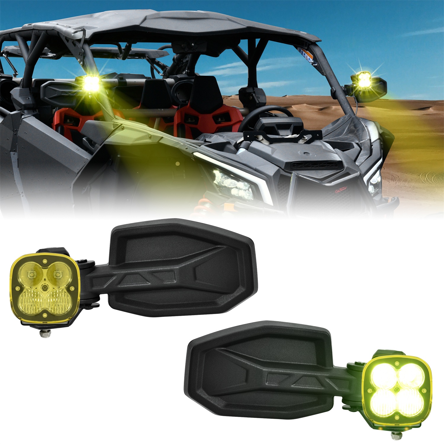 Aluminum Side Mirrors with A-Pillar LED Pod Lights for Can-Am Maverick X3 XDS XRS MAX Turbo RR 2017-2026