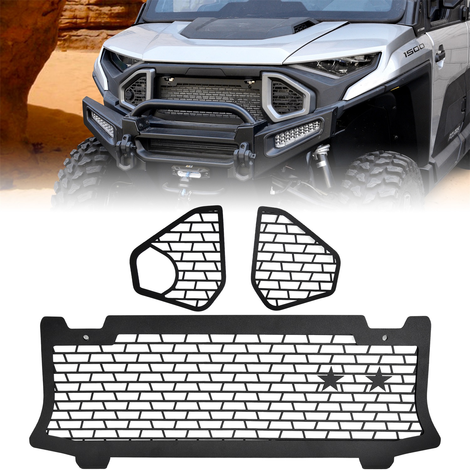 Front Mesh Grill 3 Piece Black Powder Coated Metal Center & Side Mesh Grille Kit for Polaris Ranger XD 1500 Premium/Northstar Edition 2024 2025